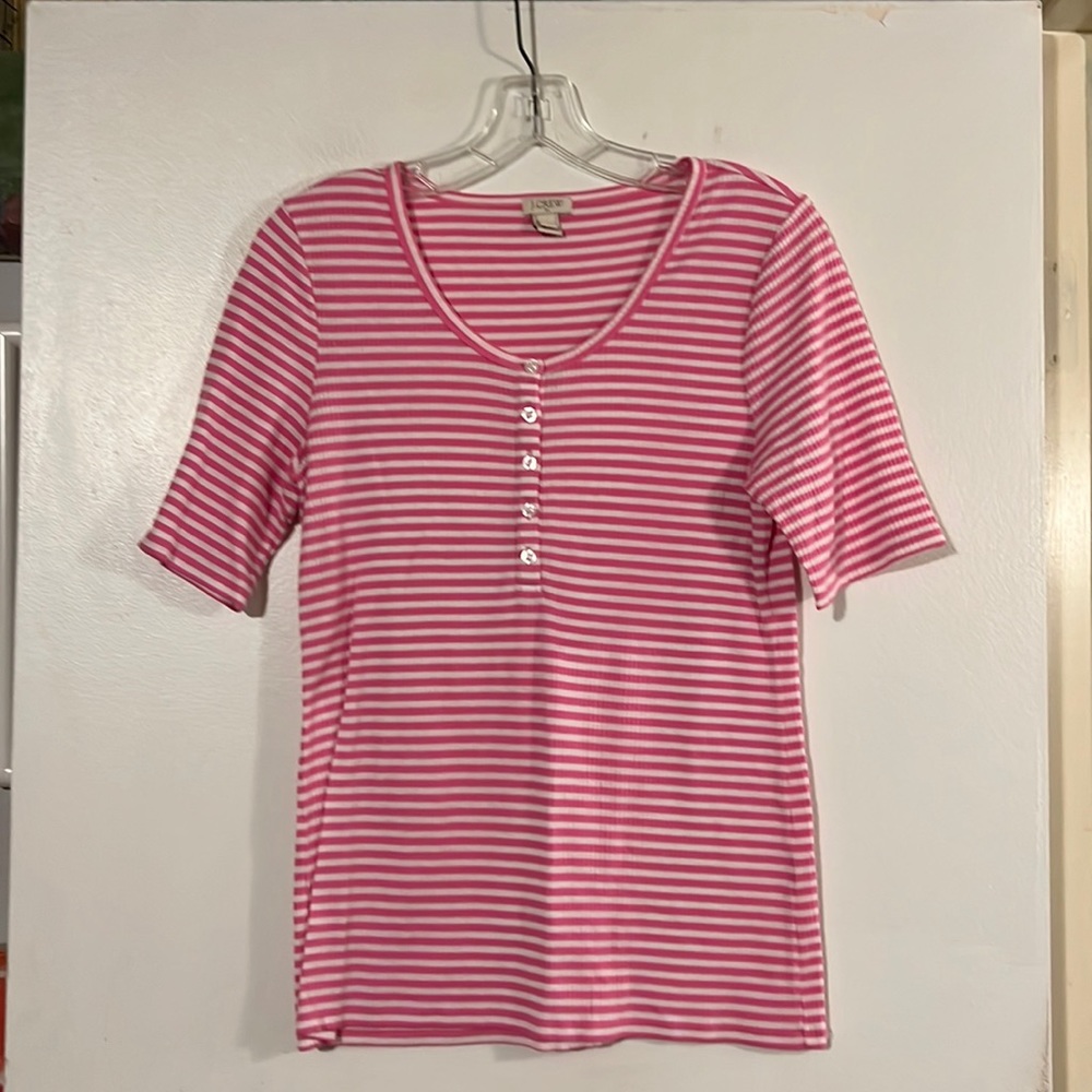 J. Crew pink/white shirt sleeve shirt Round neck with Henley style button detail